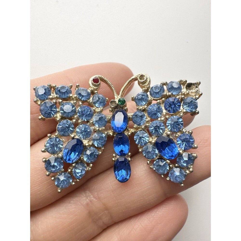 Vintage Blue Rhinestone Butterfly Pin Brooch Missing Stones